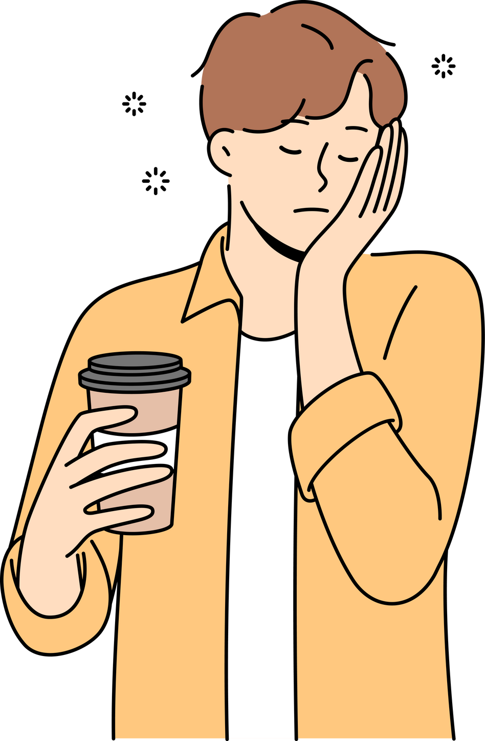 Sleepy man with disposable cup of coffee feels exhausted and lacks strength due to lack of sleep